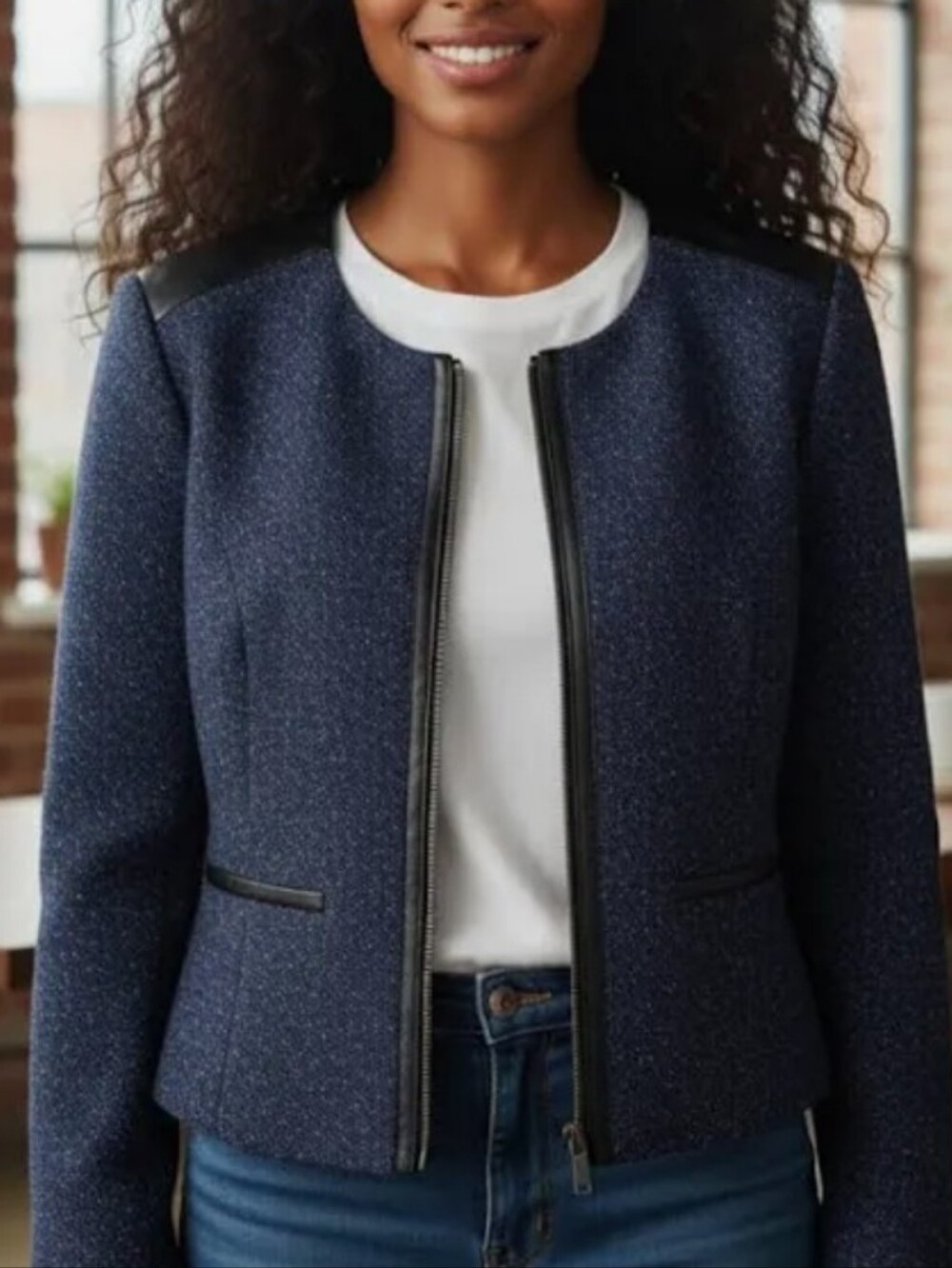 Classiques Entier Textured Navy Blazer with Leather Trim - XS